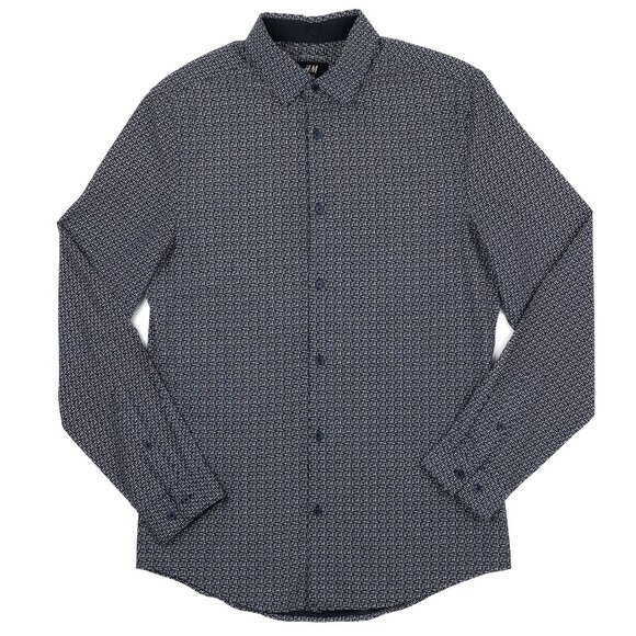 H&M Men's SMALL Black Geometric Abstract Crosshatch Print Button Up LS Shirt - Picture 2 of 11